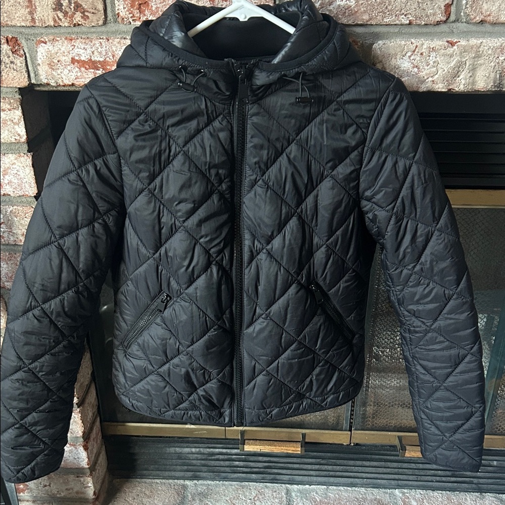 Zara‎ Black Quilted Hooded Zip Up Puffer Jacket Women’s Size S